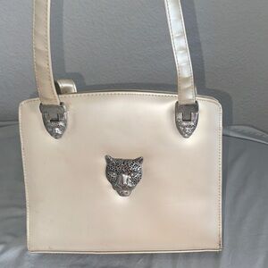 Chic Cream Shoulder Bag with Silver Leopard Detail